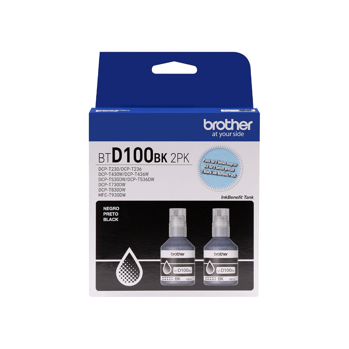 Brother Kit Botellas Tinta Negras InkBenefit Tank para Recarga BTD100BK2PK | Ultra Rendimiento 7,500 Páginas c/u, Original para multifuncionales InkBenefit Tank, Botellas Antiderrame