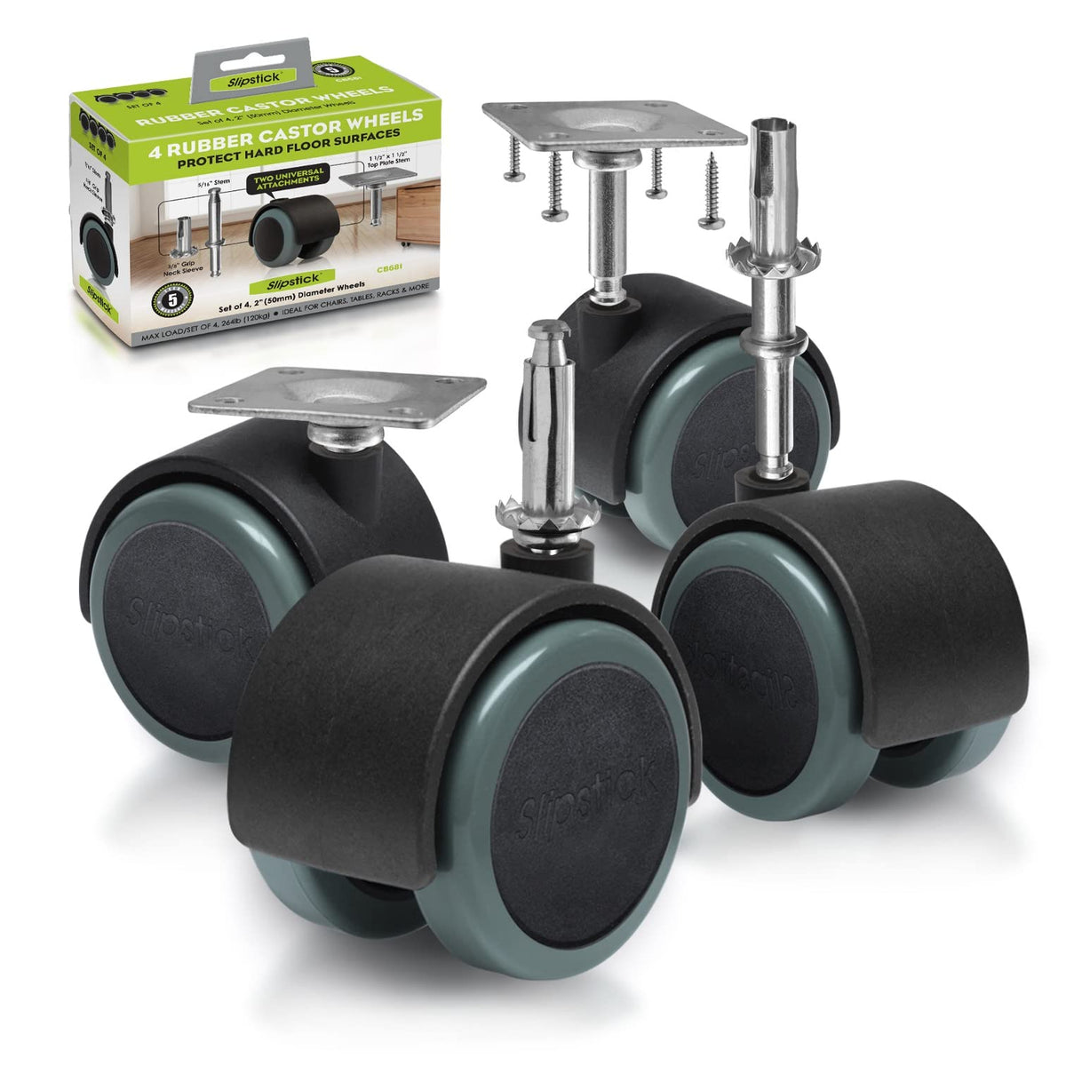 Slipstick CB681 - Ruedas protectoras de suelo de goma de 2 pulgadas (juego de 4) opciones de montaje de vástago o placa superior de 5/16 pulgadas, negro/gris verde