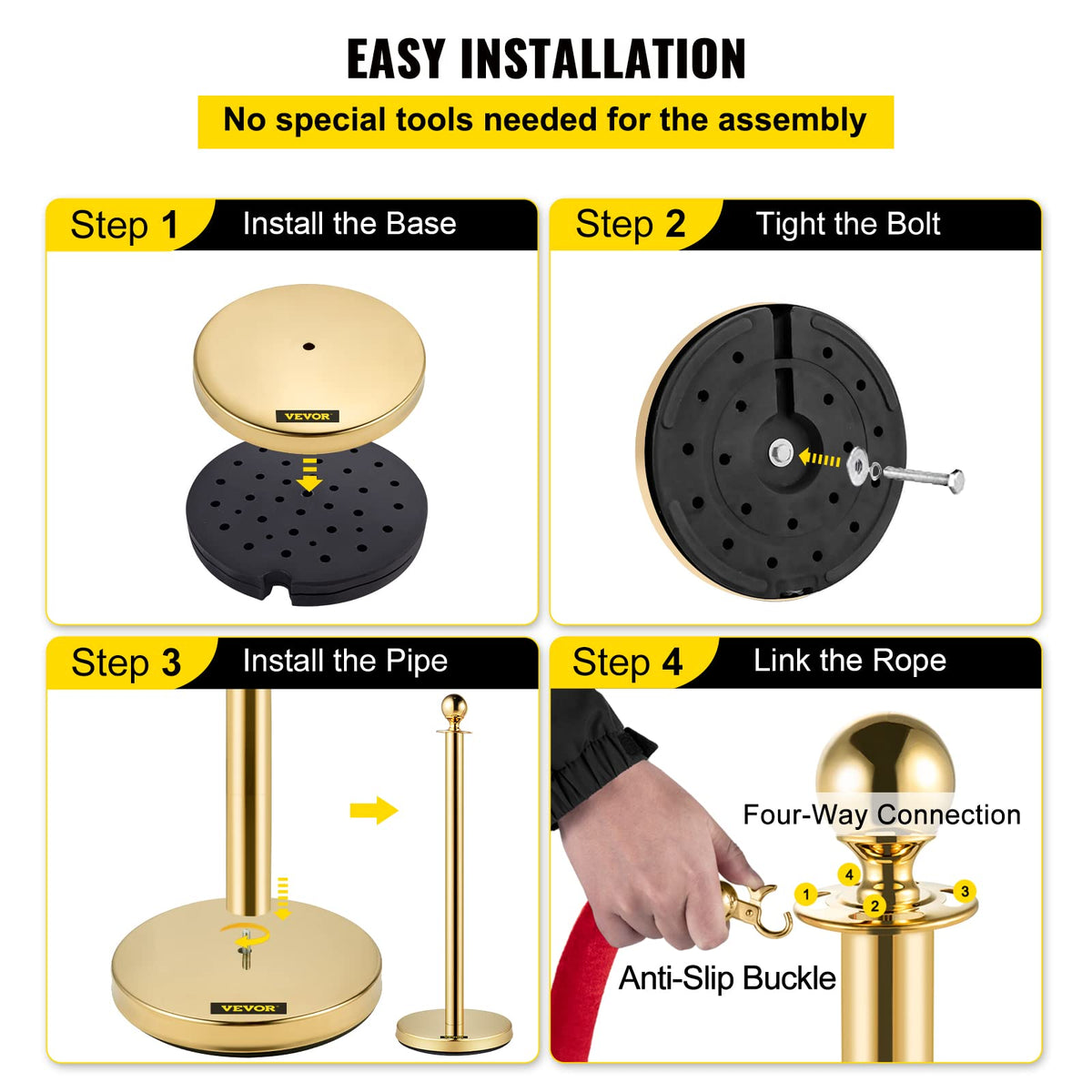 VEVOR Poste Separador de Cinta Extensible 4 Juegos Barreras de Seguridad de 2 Cuerdas Longitud de Cuerda 1.5m Dorado