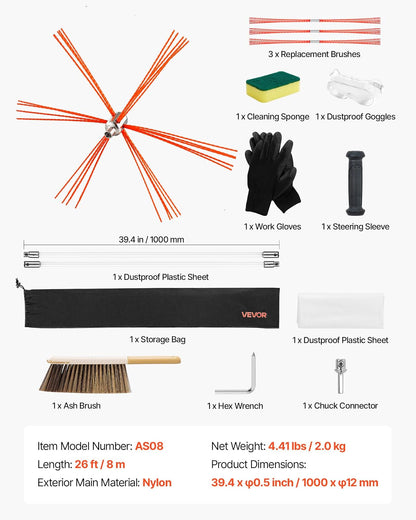 VEVOR Kit de Cepillo Limpieza de Chimenea, 8 m Varilla Flexible de Nylon, 3 Recambios de Cerdas, Guantes, Gafas, Bolsa, Deshollinador Flexible a 90° para Chimeneas Cuadradas, Rectangulares y Arqueadas