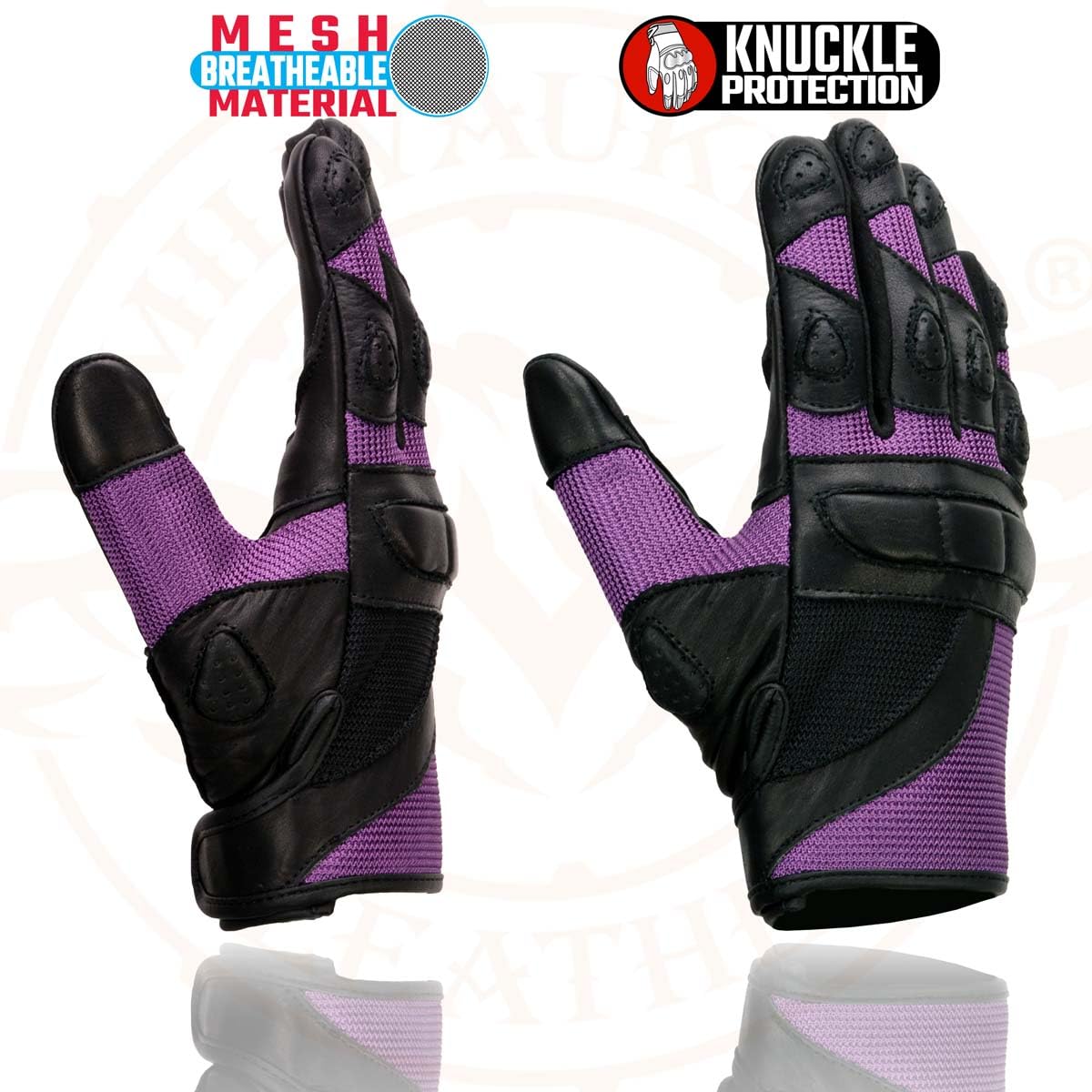 Shaf International Milwaukee Leather SH802 - Guantes de competición para Mujer, Color Negro y Morado con Malla, Talla L
