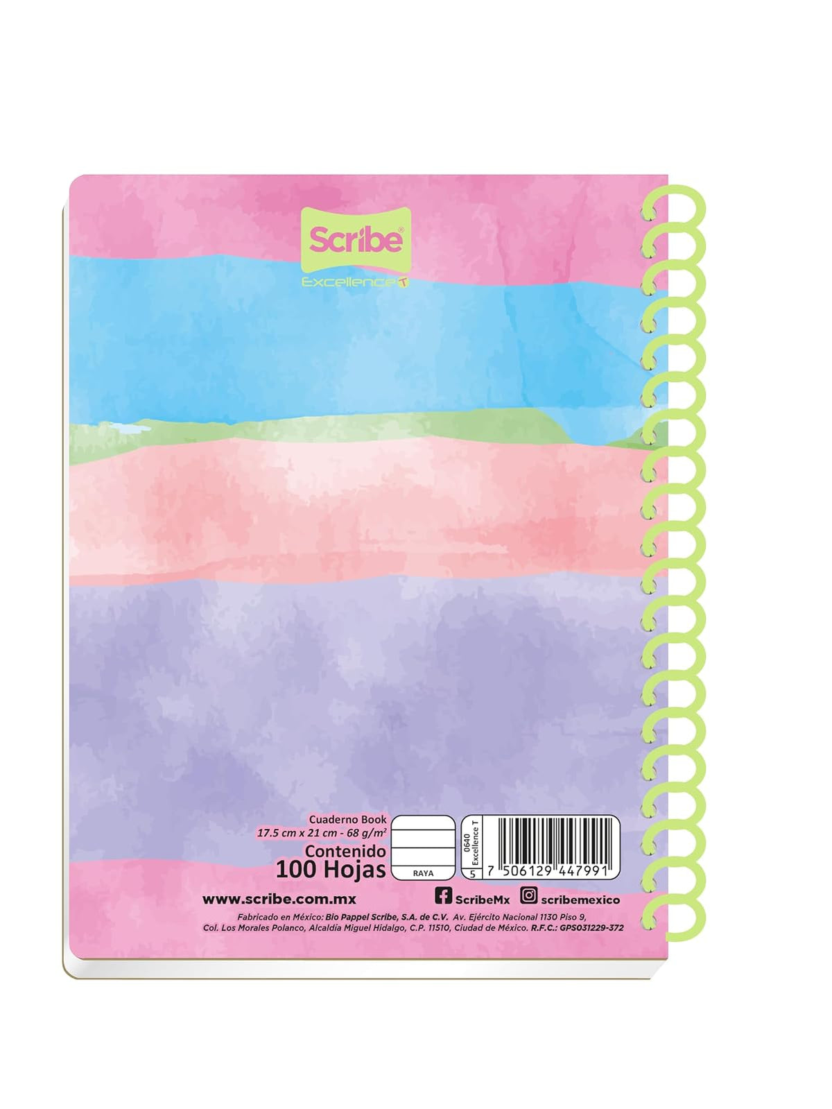 Scribe®, Excellence T, Cuaderno Book, Pasta Dura, Espiral Sencillo, Raya, 100 hojas, Portada Acuarela Arcoiris