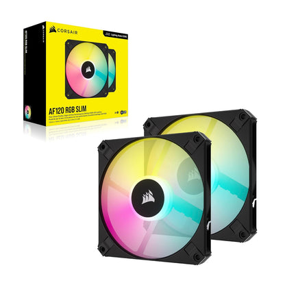 Corsair AF120 RGB SLIM, Kit de Ventilador de 120 mm con Rodamiento Dinámico de Fluidos PWM - Perfil Delgado Para Cajas Pequeñas - 8 LED RGB Direccionables - Pack Doble con Lighting Node CORE - Negro