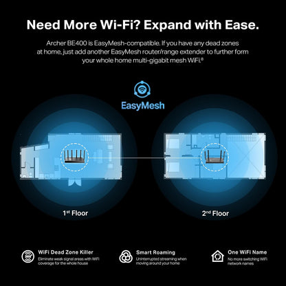 TP-Link Archer BE6500 Router Wi-Fi 7 de doble banda (Archer BE400) | Puertos duales de 2.5 Gbps USB 3.0 | Cubre hasta 2.400 Sq. pies y 90 dispositivos | CPU de cuatro núcleos | HomeShield, IoT privado