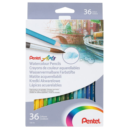 Pentel Arts Lápices de Colores Acuarelables, Mina Gruesa, Estuche con 36 Piezas, CB9-36-EST