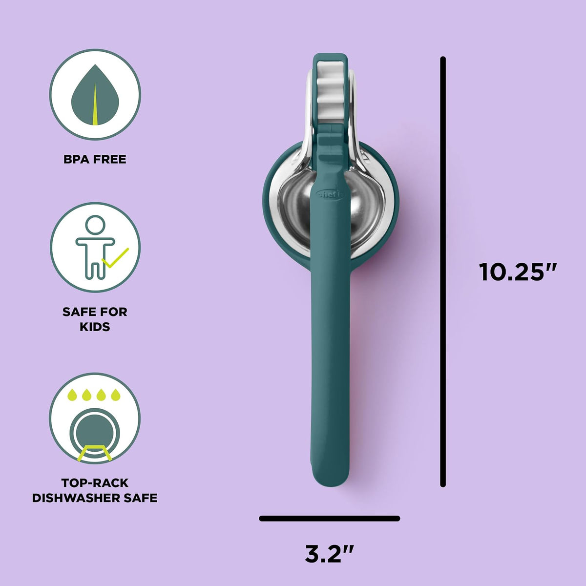 Chef'n FreshForce Exprimidor de limón de cítricos, prensa manual de mano con mecanismo de doble engranaje para una extracción máxima de jugo, verde Collard