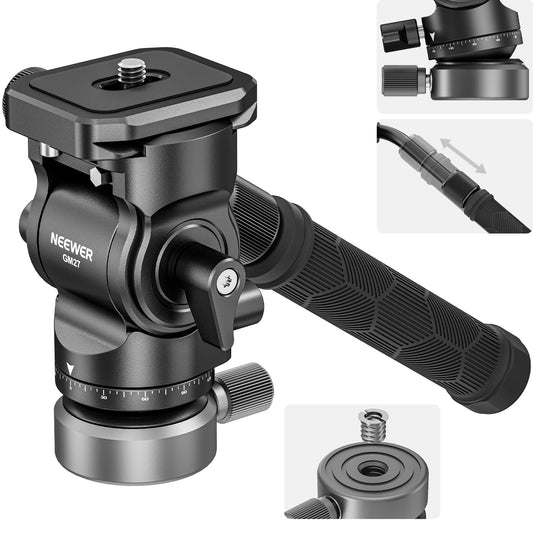 NEEWER Cabezal Fluido de Trípode con Base de Nivelación de +/-10° (⌀37mm),Inclinación de Pan de Metal con Placa QR Tipo Arca,Mango Telescópico para Cámara de Vídeo Compacta DSLR,Carga Máxima 4kg, GM27
