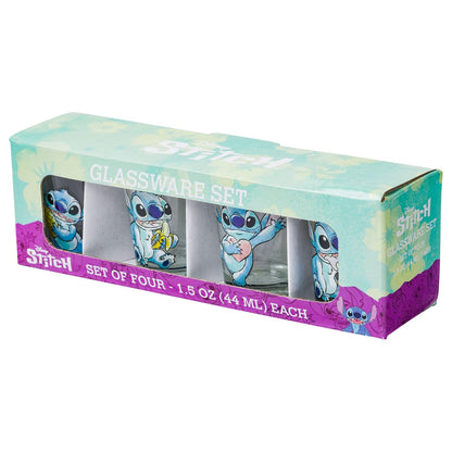Silver Buffalo Disney Lilo and Stitch Poses con fruta, helado y corazón, paquete de 4 mini vasos, 1.5 onzas