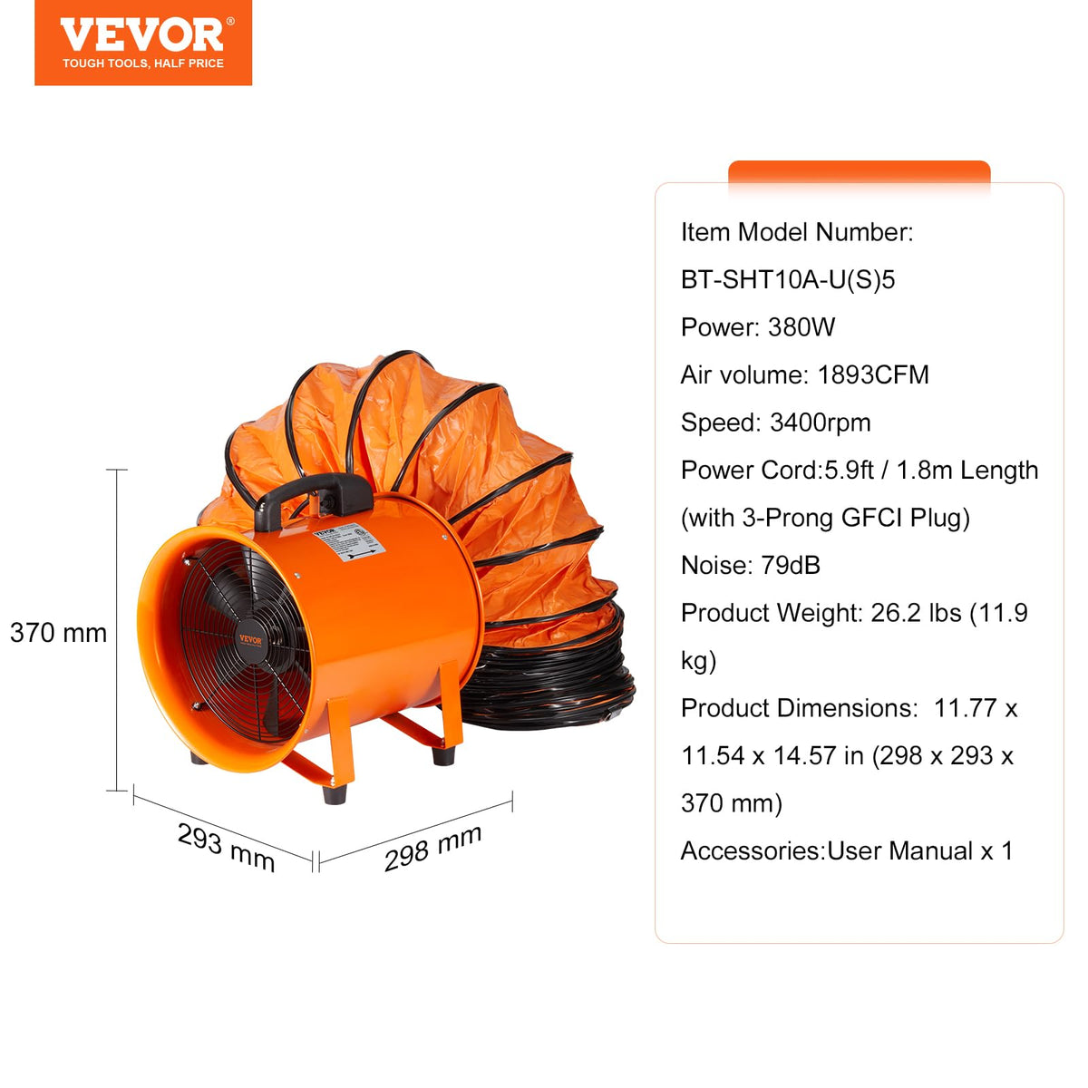Ventilador portátil VEVOR, ventilador cilíndrico de alta resistencia de 10 pulgadas con manguera de 16.4 pies, potente extractor de taller de 380 W 1893FM, soplador industrial para aspirar