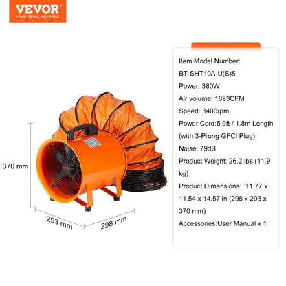 Ventilador portátil VEVOR, ventilador cilíndrico de alta resistencia de 10 pulgadas con manguera de 16.4 pies, potente extractor de taller de 380 W 1893FM, soplador industrial para aspirar
