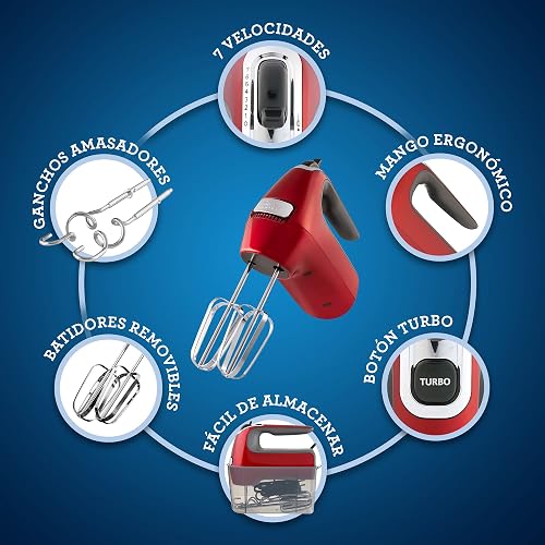 Oster Batidora de Mano 320 W con 7 Velocidades y Función Turbo | Prepara merengues y masas para galletas, incluye batidores y ganchos amasadores, almacenamiento práctico, rojo, FPSTHM360R