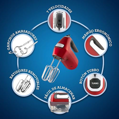 Oster Batidora de Mano 320 W con 7 Velocidades y Función Turbo | Prepara merengues y masas para galletas, incluye batidores y ganchos amasadores, almacenamiento práctico, rojo, FPSTHM360R