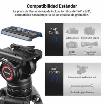 NEEWER Trípode de Vídeo Profesional de 74 "con Cabeza Fluida, Placa QR Compatible con dji RS Gimbals, Trípode de Cámara Resistente con Mango Telescópico Base Rscalada, Carga Máxima 8kg, TP74