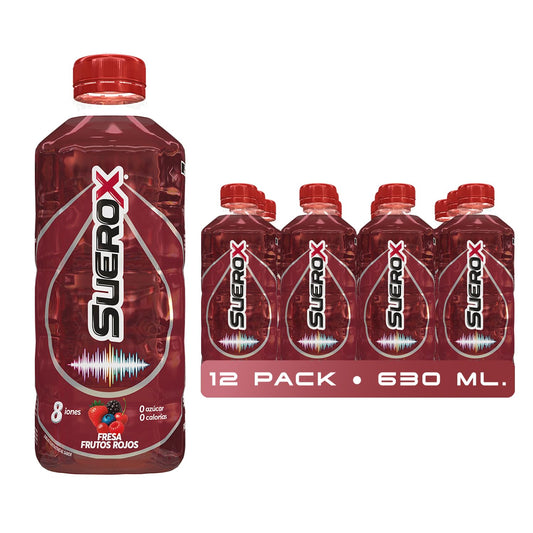 Suerox Fresa-Frutos Rojos Bebida Hidratante con 8 Iones Esenciales y Electrolitos Sin Azúcar, Suero Oral Funcional con Magnesio y Potasio para Hidratación Diaria | 630 ml | 12-Pack