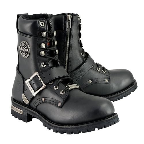 Milwaukee Leather MBM101 - Botas de Motocicleta con Cordones de Piel Negro para Hombre, con Hebillas y Cierre Lateral, 9