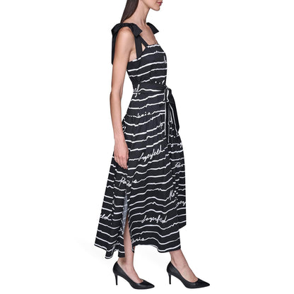 Karl Lagerfeld Cotton Sateen Printed Belted Midi Dress with Bow Tie Straps Vestido Informal Mujer