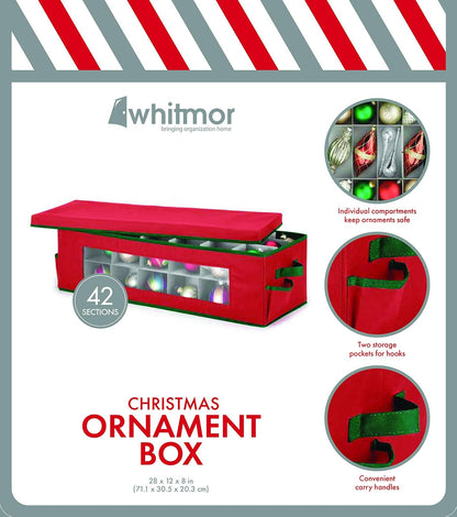 Whitmor Ornament Storage Box 42 Compartments with Outer Pocket for Ornament Hooks