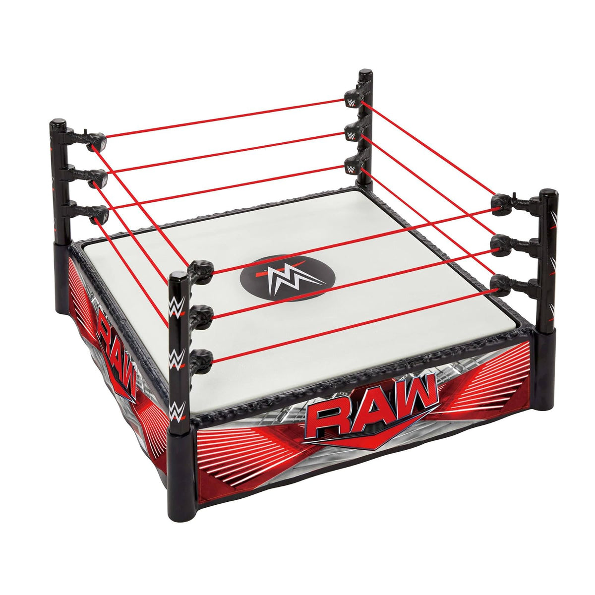 Mattel WWE - Anillo de Superestrella con Etiquetas, Evento Principal y Crudo, Alfombrilla de Anillo con Resorte y Cuerda elástica de tensión Profesional