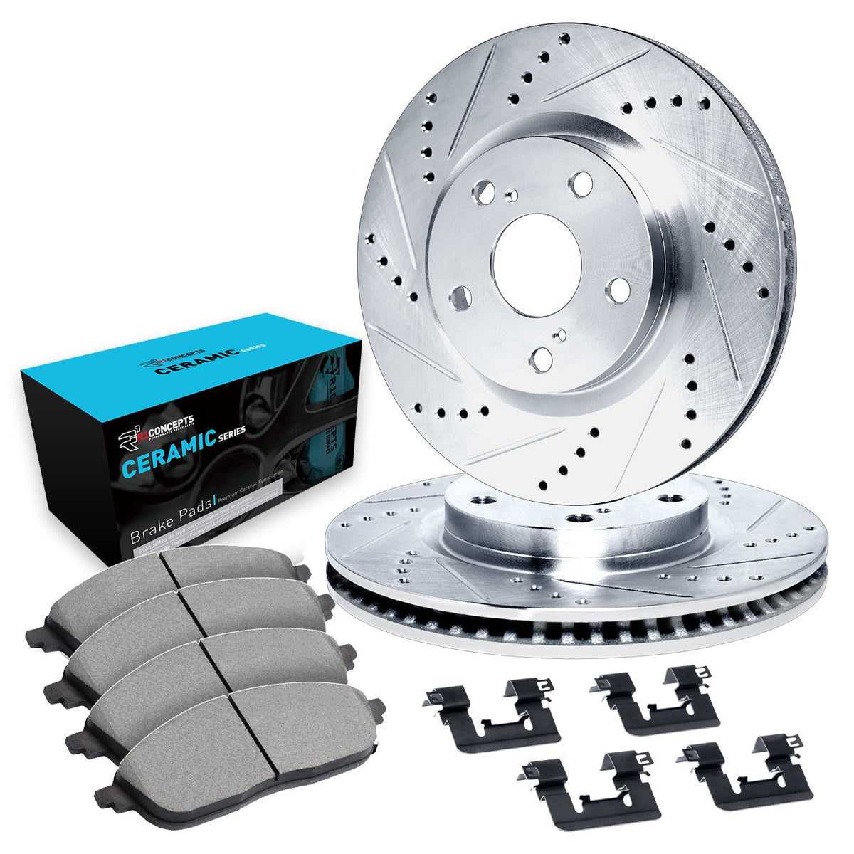 R1 Concepts Kit de freno delantero para Nissan Sentra 2013-2019 | almohadillas para orejas de cerámica, rotores ranurados perforados eLINE | Hardware | 11 pulgadas delantera
