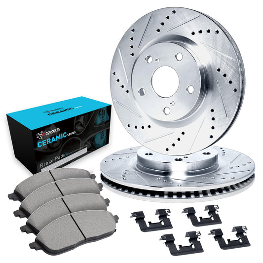 R1 Concepts Kit de freno delantero para Nissan Sentra 2013-2019 | almohadillas para orejas de cerámica, rotores ranurados perforados eLINE | Hardware | 11 pulgadas delantera