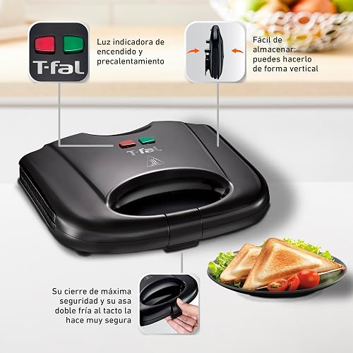 T-FAL Sandwichera compacta antiadherente | Recubrimiento antiadherente, negra, prepara 2 porciones de sándwiches o paninis, luz indicadora, fácil de limpiar. SM2118MX