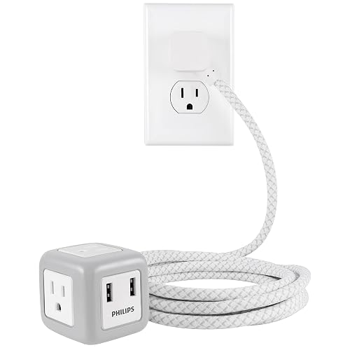 Philips SPS3102WB/37 - Cable de extensión de cubeta de 10 pies, Enchufe Plano de 3 tomacorrientes con 2 Puertos USB, Gris/Blanco