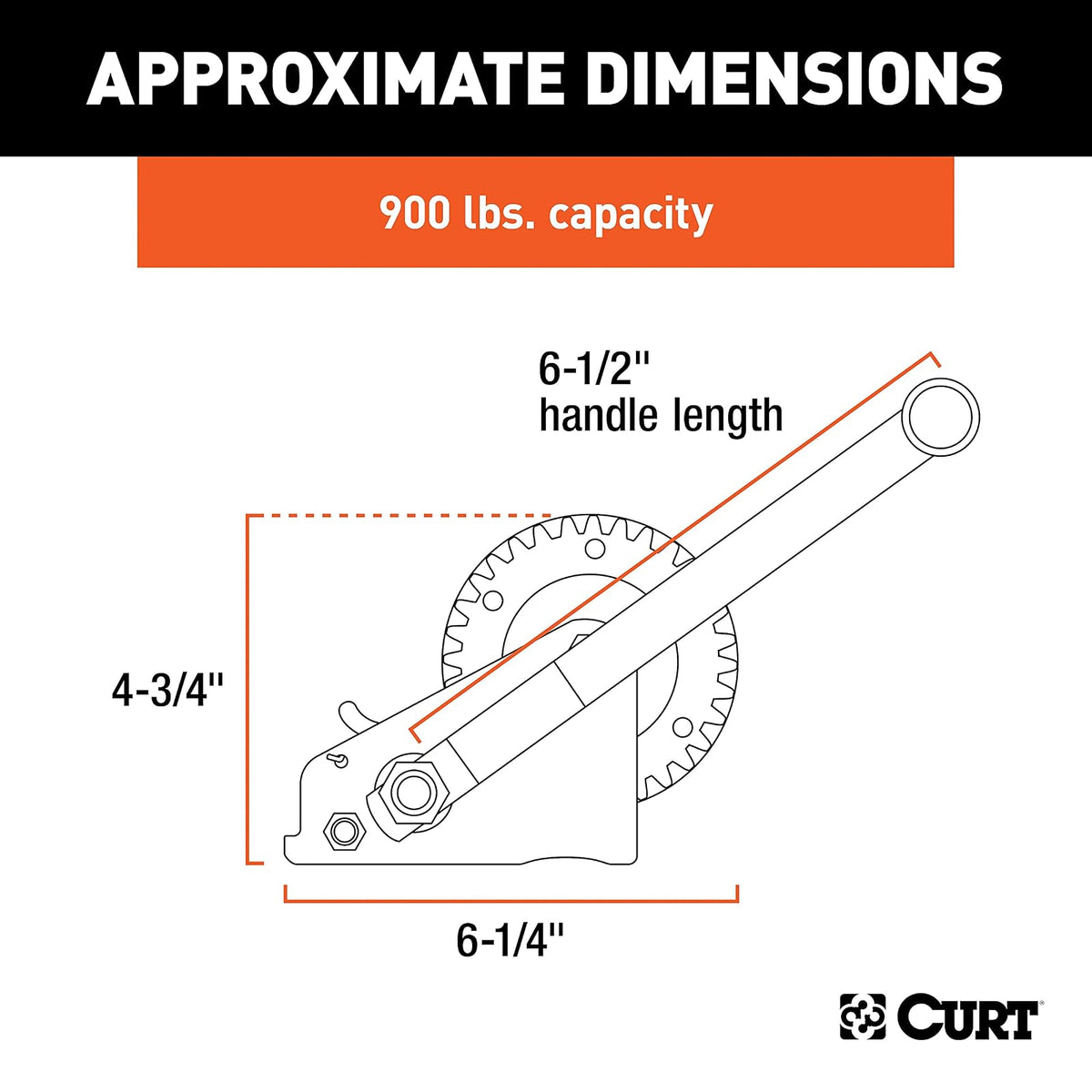 CURT Cabrestante Manual para Remolque de Barco 29423, Capacidad 408 kg, Mango 16.5 cm, Relación 3.25:1