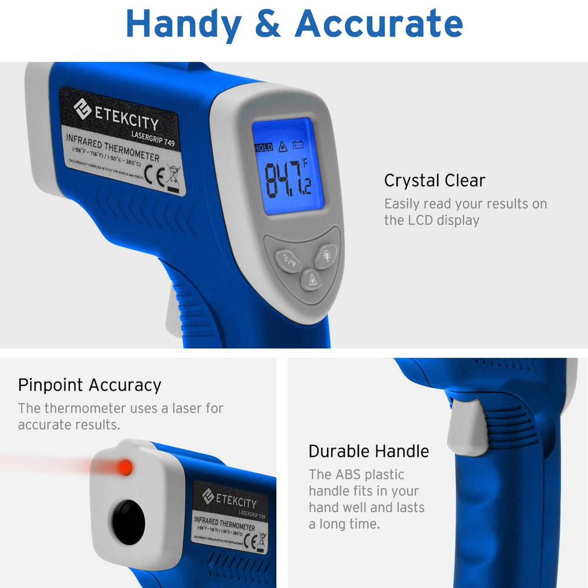 Etekcity Termómetro infrarrojo 749 (no para humanos) pistola de temperatura digital sin contacto láser IR termómetro, 14.4 °C ~ 380.0 °C (-50 ℃ ~ 380 ℃), tamaño estándar, azul