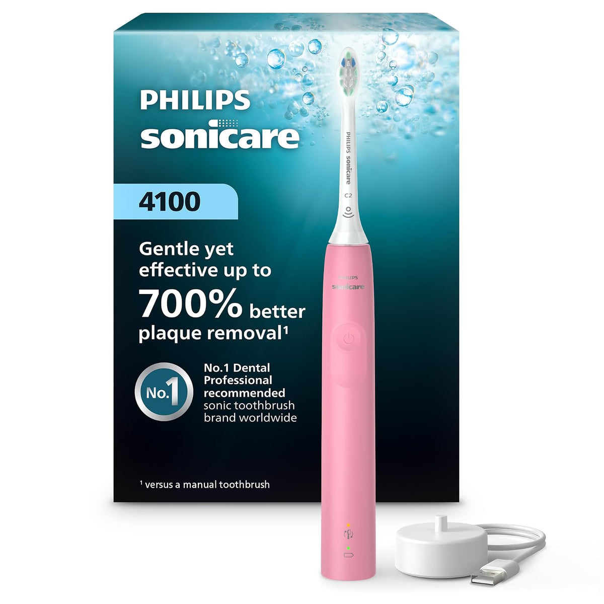 PHILIPS - Cepillo de dientes eléctrico Sonicare 4100, cepillo de dientes eléctrico recargable con sensor de presión, rosa intenso HX3681/26