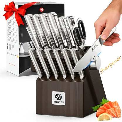 imarku Juego de cuchillos para cocina con bloque Juego de cuchillos japoneses de acero inoxidable para cocina con bloque 14 piezas, afilador incorporado, juego de cuchillos afilados con mangos ergonóm