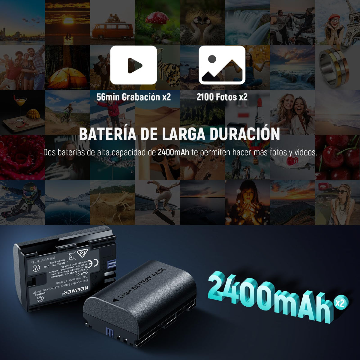 NEEWER Pack de 2 2200mAh LP-E6P/LP-E6NH/LP-E6N/LP-E6 Baterías Repuesto Cargador USB Doble Vertical con Pantalla LCD para EOS R5 Mark II EOS R5 EOS R6 EOS R7 EOS R 5D II III IV 6D 6D II 7D 7D II 60D