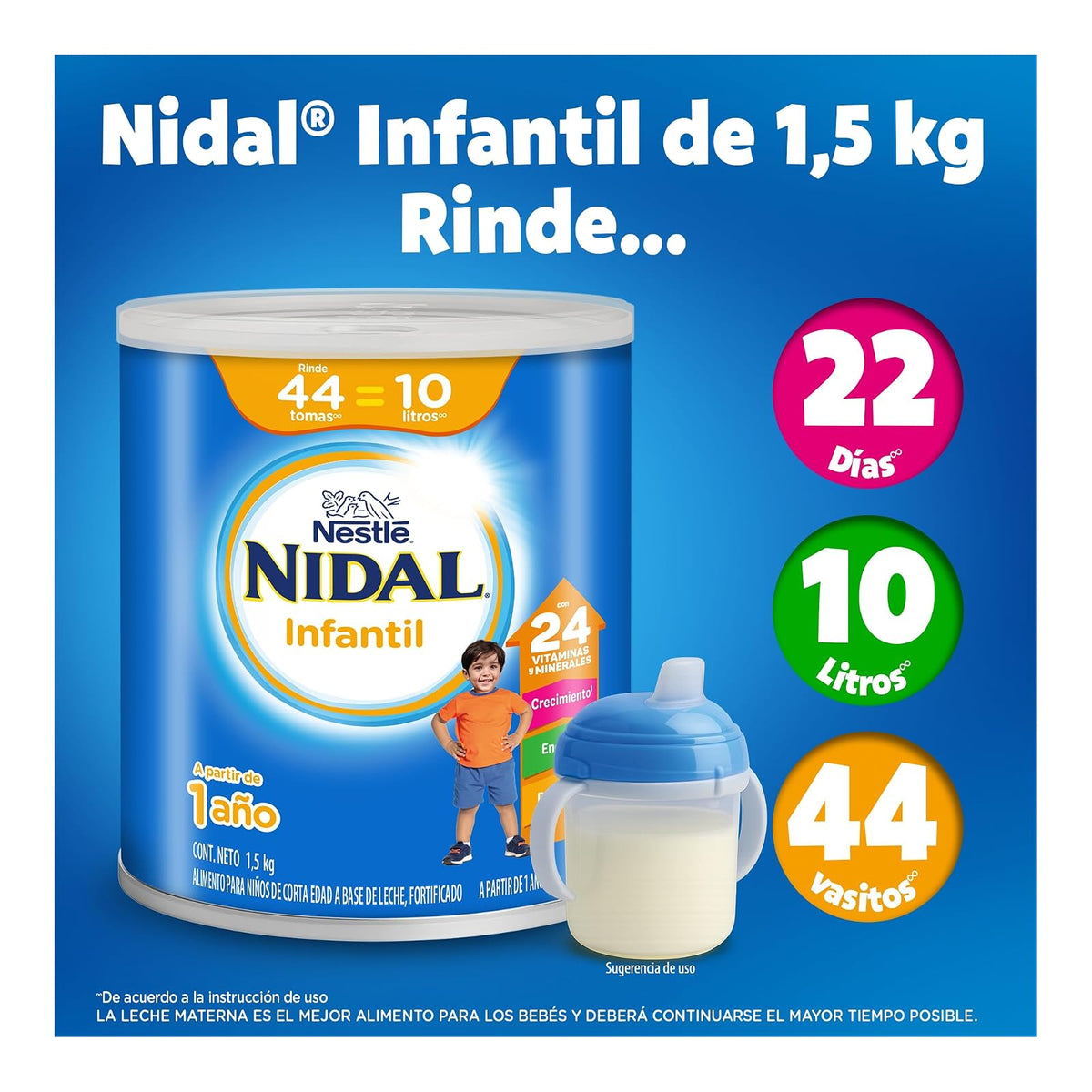 Nidal Infantil Alimento Para Niños de Corta Edad a Base de Leche, Fortificado, Apoyando su Crecimiento y Desarrollo, A Partir de 1 Año, Presentación en Lata de 1.5 kg