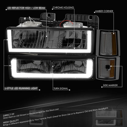 DNA Motoring HL-LB3-8P-C10-3G-SM-AM Juego de Faros LED DRL Estilo U + Señal para Chevy/GMC C/K 1500/2500 1992-1999, Ahumado/Ámbar