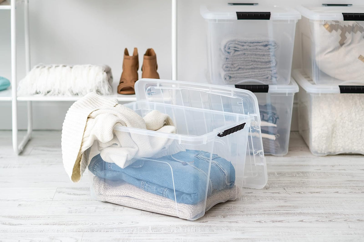 IRIS USA 6 Contenedores de 40 Qt con Tapa, Transparentes | Diseño transparente para ver el contenido fácilmente. Ideal para mudanzas, cobijas, ropa y garaje. Diseño anidable.