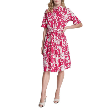DKNY Vestido Camisero de Popelina de Algodón Manga 3/4 - 4 - Rosa - Marfil