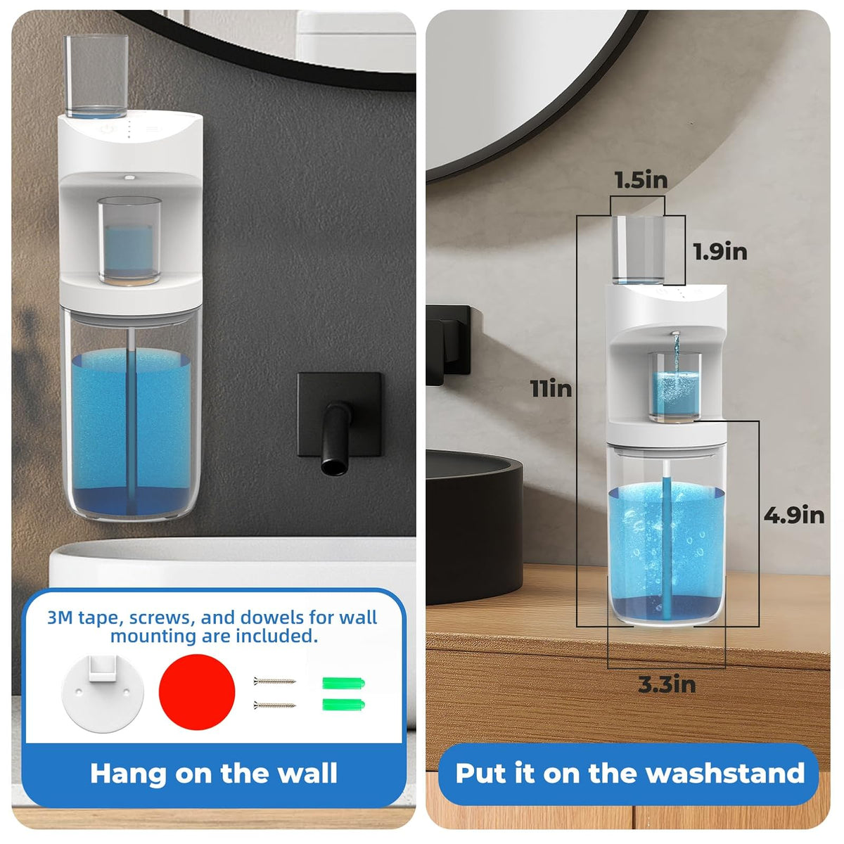 Dispensador automático de Enjuague bucal, 550 ml (20 oz) dispensador de Enjuague bucal para baño con Vasos magnéticos, 3 Niveles de dispensación, Largo Tiempo de Espera, Blanco