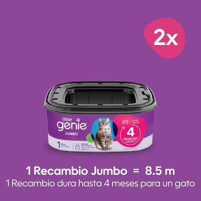 Recambio Litter Genie Jumbo, Paquete de 2 | 56 pies de película con bloqueo de olores, dura 8 meses, fácil de usar, minimiza el desperdicio