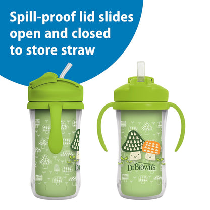 Dr. Brown's Milestones - Taza aislada para sorbos con popote y asas, vaso a prueba de derrames con tapa, paquete de 2, azul y verde, 10 onzas, 300 ml, última intervensión de BPA, 12 m +
