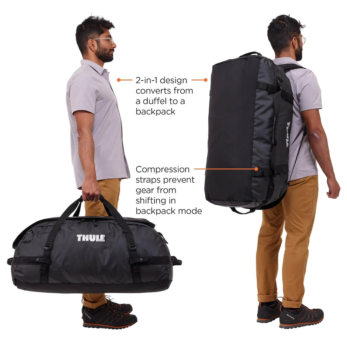Thule Chasm Maleta de Viaje 90L | Negra, lona robusta resistente a la intemperie, correas convertibles a mochila, impermeable