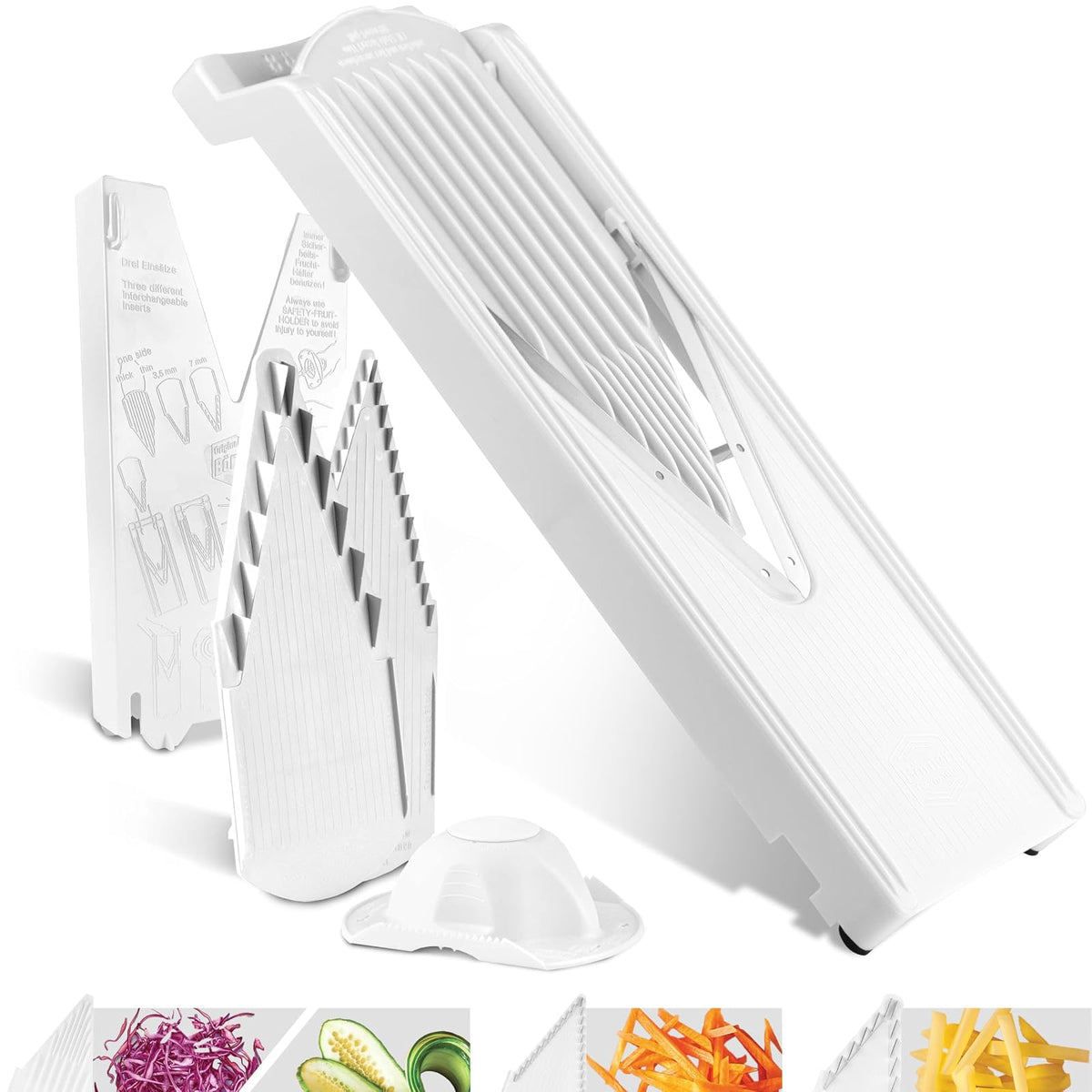 Cortador de verduras de mandolina Börner V3 (Set de inicio) de Reston Lloyd • Cortador V con almacenamiento de cuchillas y soporte de seguridad para alimentos • Fabricado en Alemania • Cortador de