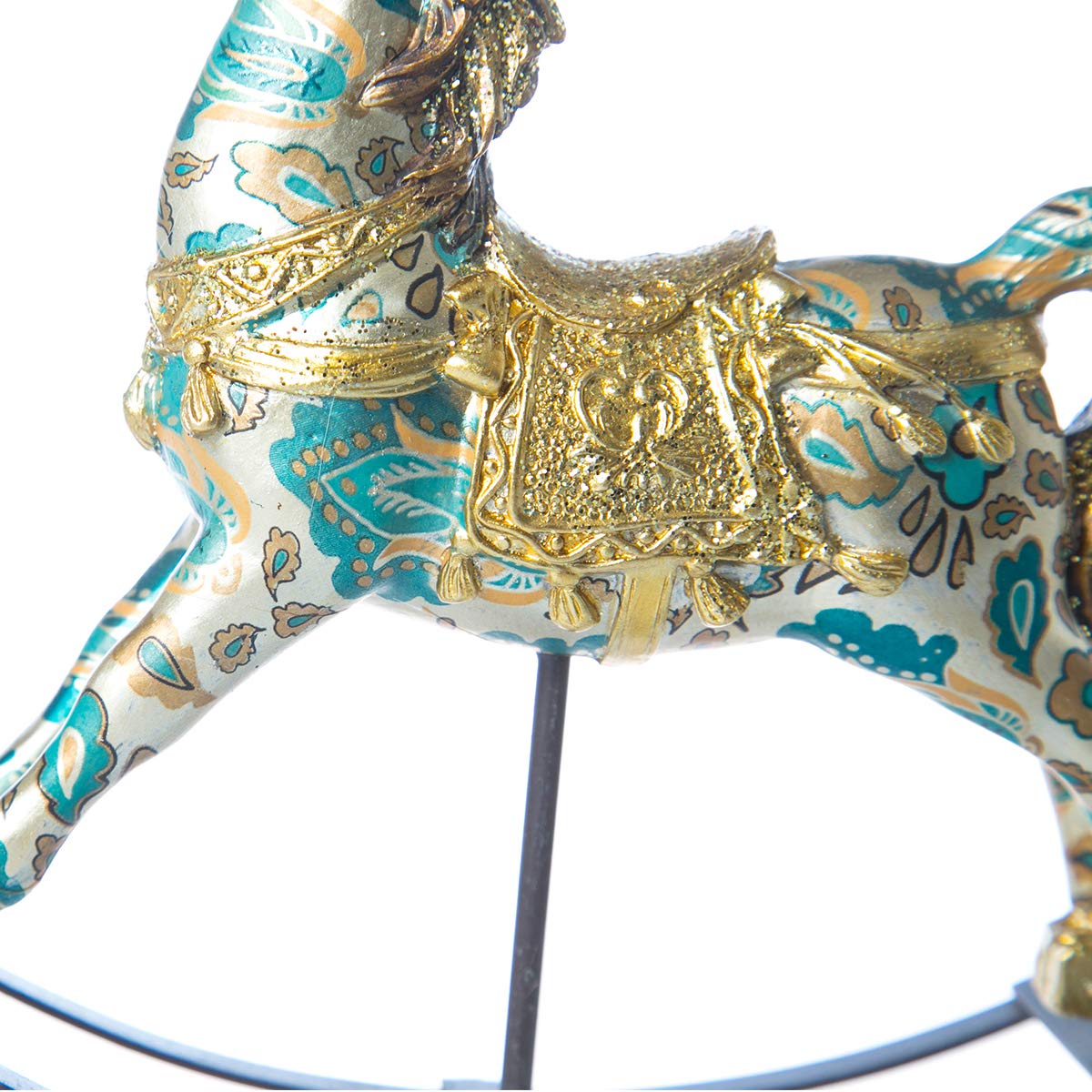 Running Decora Navidad Rococo Figura de poliresina Caballo mecedor Dorado y Verde Chico