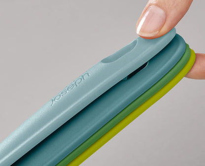 Joseph Joseph Duo Juego de utensilios de 4 piezas resistente al calor con cucharón, cucharas sólidas y ranuradas y volteador; clip de asas para almacenamiento organizado, ópalo