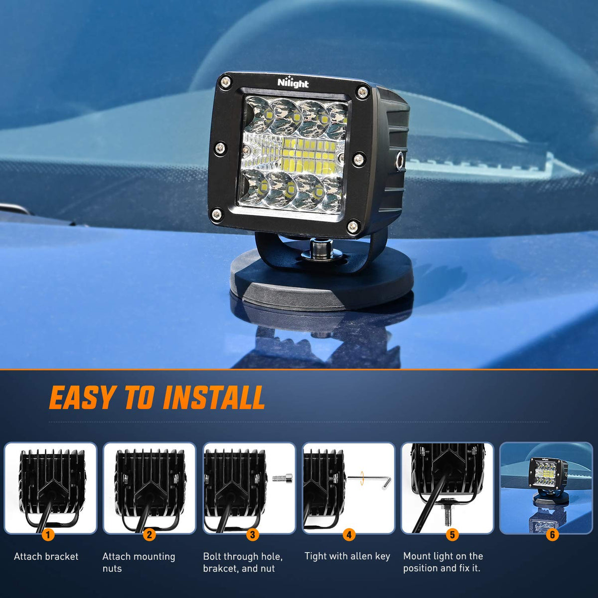 Nilight 2 Cubos LED Cuadrados de 8 cm, 42 W, Combo Spot/Inundación para Todoterreno, Jeep, ATV, UTV