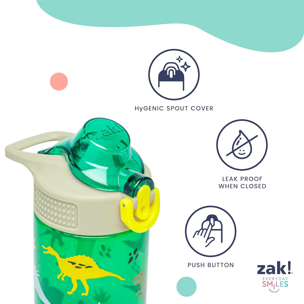 Zak Designs - Botella de agua de salvia para la escuela o los viajes, botella de agua de plástico duradera de 16 onzas con popote, mango y a prueba de fugas, cubierta de boquilla desplegable (Flower