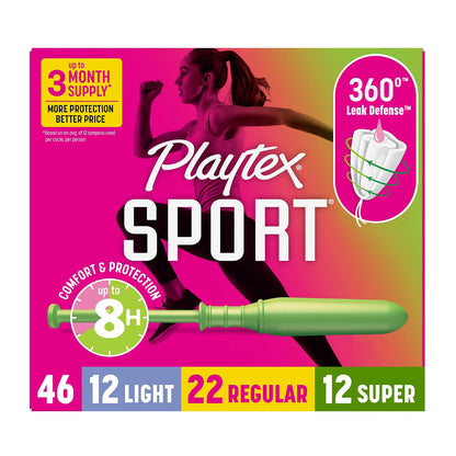 Playtex Sport - Paquete múltiple de tampones, ligero/regular/súper absorbencia, 46 unidades