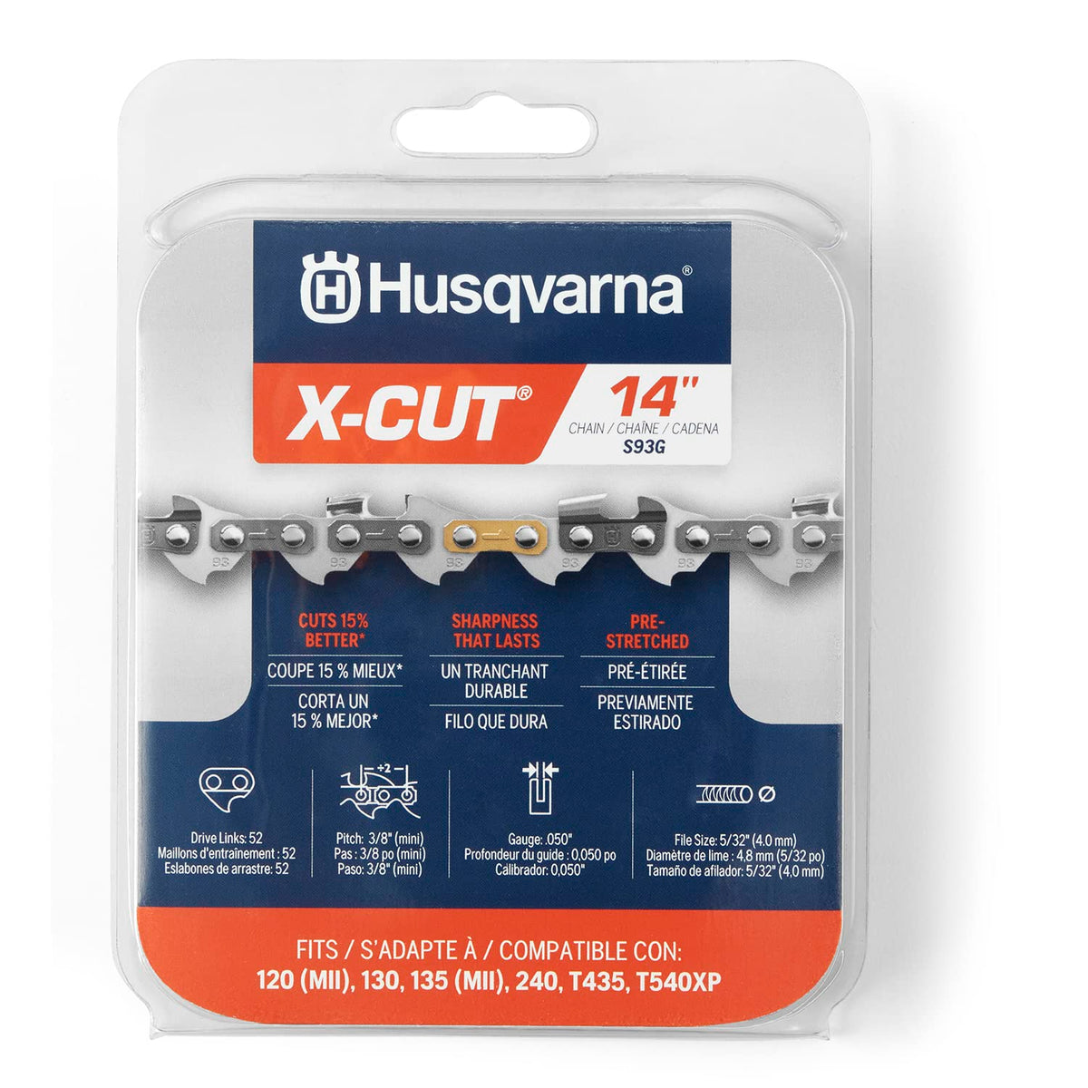 Husqvarna X-Cut S93G Cadena de motosierra de 14 pulgadas, mini paso de 3/8 pulgadas, calibre de 0.50 pulgadas, reemplazo de hoja de motosierra de 52 eslabones de transmisión, preestirado y bajo
