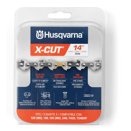 Husqvarna X-Cut S93G Cadena de motosierra de 14 pulgadas, mini paso de 3/8 pulgadas, calibre de 0.50 pulgadas, reemplazo de hoja de motosierra de 52 eslabones de transmisión, preestirado y bajo