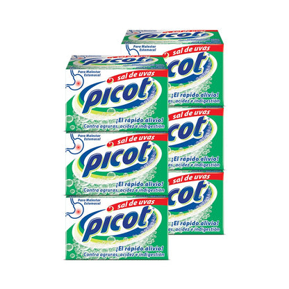 Picot Sal de Uvas Antiácido Polvo Efervescente, pack de 6 cajas con 10 sobres cada una