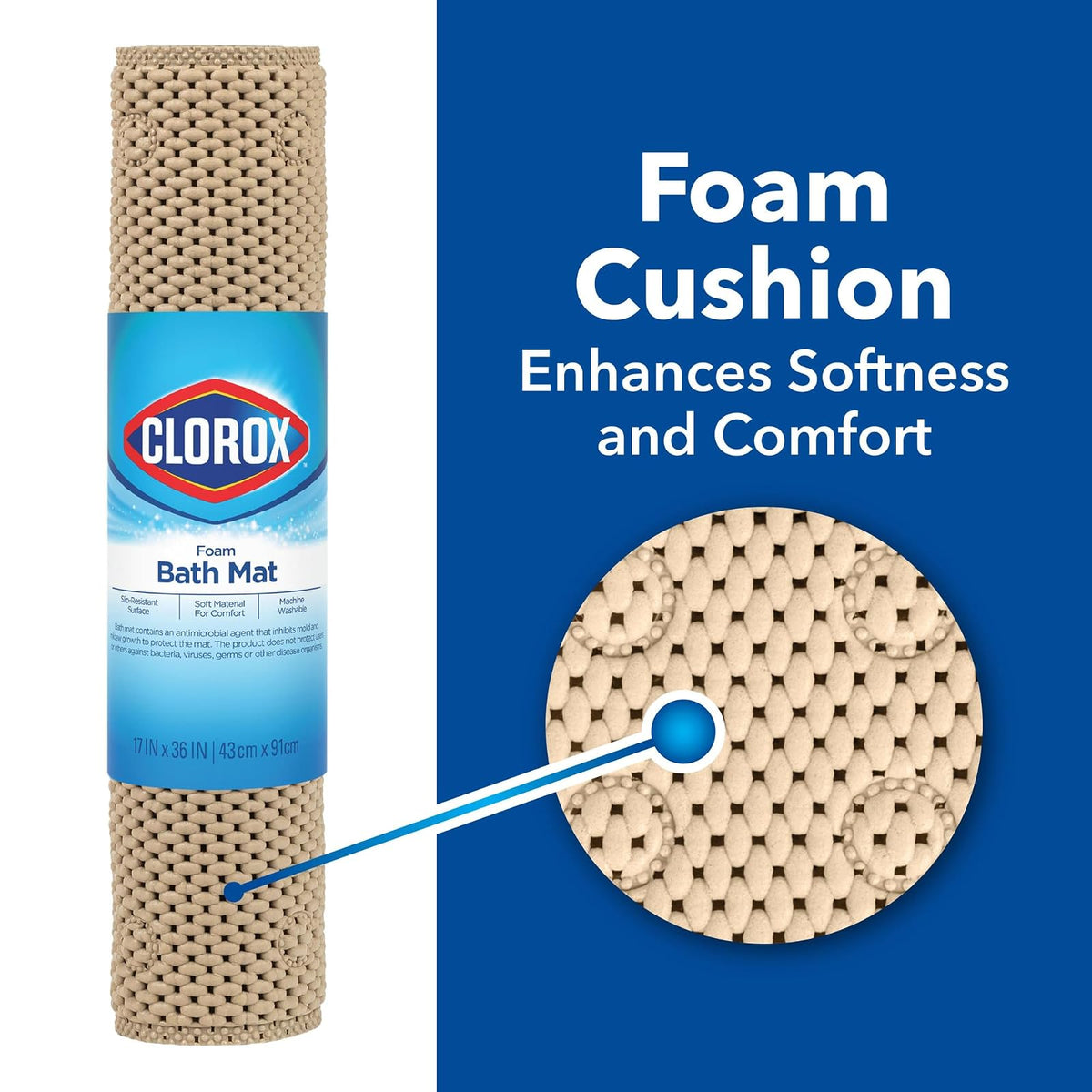 Duck Brand Clorox - Alfombrilla de baño Acolchada de Espuma para bañeras, Antideslizante con ventosas, 17 x 36 Pulgadas, Color Blanco
