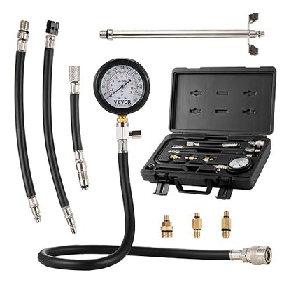 VEVOR Kit adaptador de probador de compresión, 9 piezas de prueba de compresión de fugas de cilindro de motor automotriz, medidor de presión preciso de doble escala 0-300 psi, con mangueras de largo